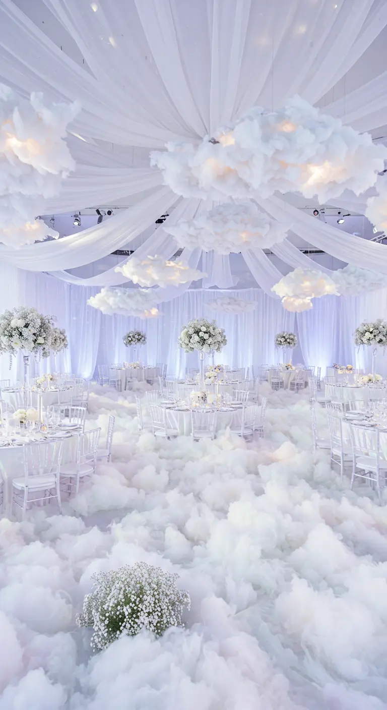 Volledig witte bruiloft tafelschikking met wolkeneffect, witte draperieën en witte bloemen.