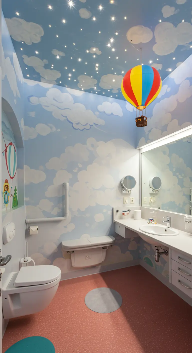 Kindvriendelijke badkamer met wolken- en sterrenplafond, en een kleurrijke heteluchtballon-lamp.