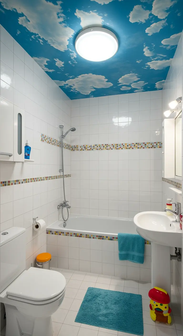 Kinderbadkamer met een plafond geschilderd als een blauwe lucht met wolken.
