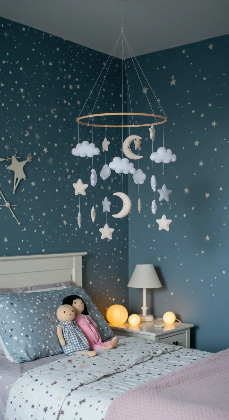 Handgemaakte mobiel met vilten wolken, sterren en manen boven een bed in een kinderkamer.