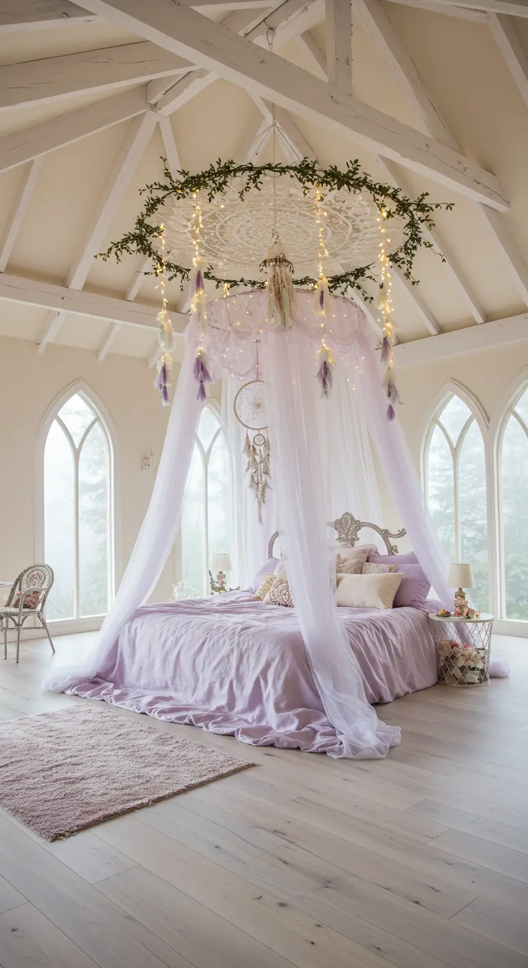 Sprookjesachtige slaapkamer met pastel lila hemelbed, dromenvangers en lichtjes.