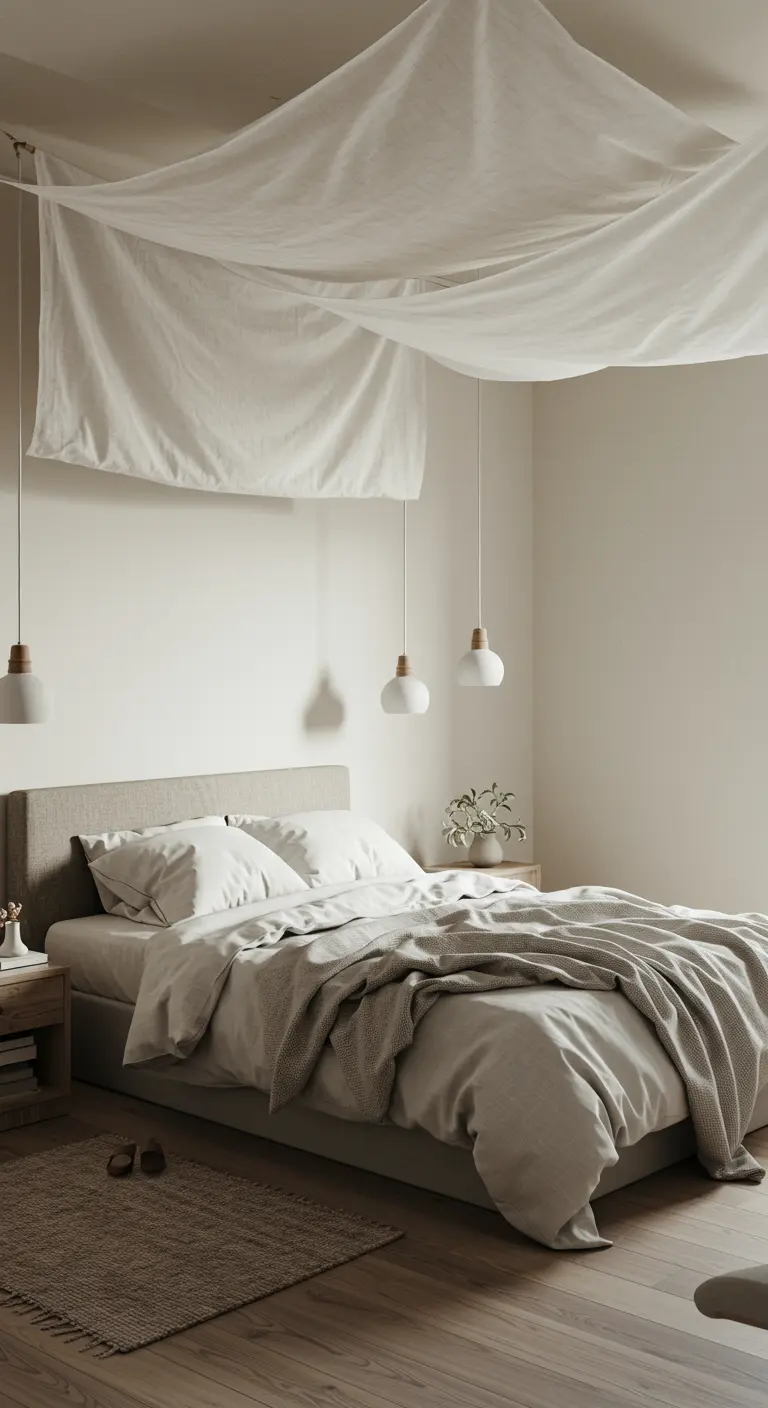 Witte stof gedrapeerd aan het plafond boven een bed in een serene slaapkamer.