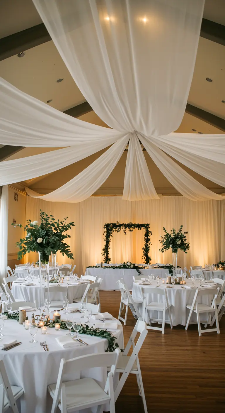 Witte feestzaal met gedrapeerde witte stoffen aan het plafond en ronde tafels met witte decoratie.