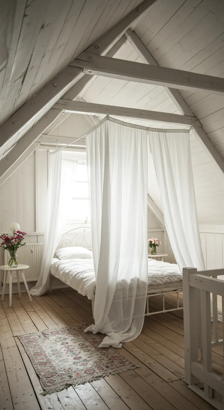 Witte zolderkamer met gordijnen rond het bed als hemel.