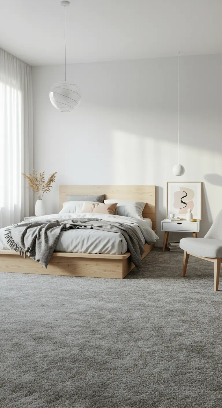 Minimalistische witte slaapkamer met lichtgrijs hoogpolig tapijt en houten bed.