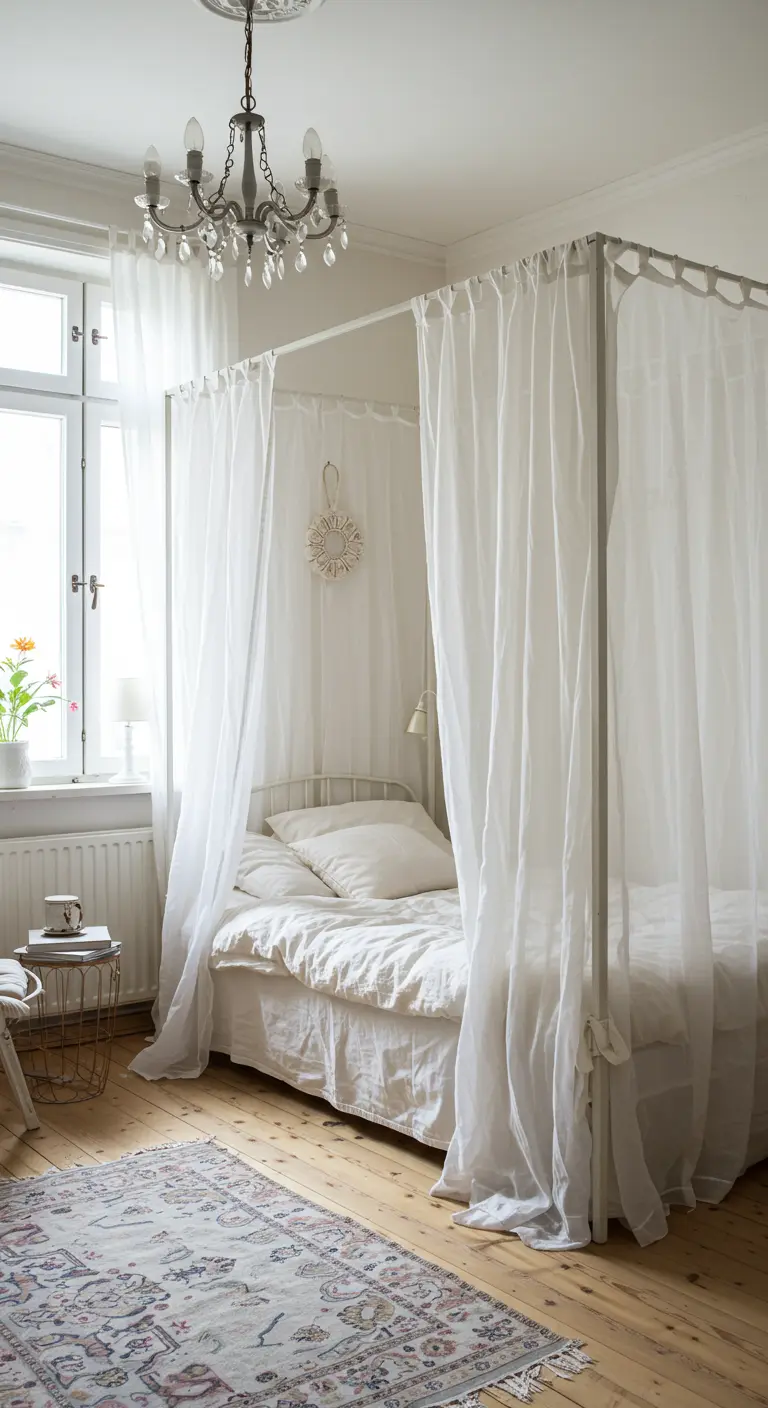 Lichte slaapkamer met een wit metalen hemelbed, gedrapeerd met transparante witte gordijnen.