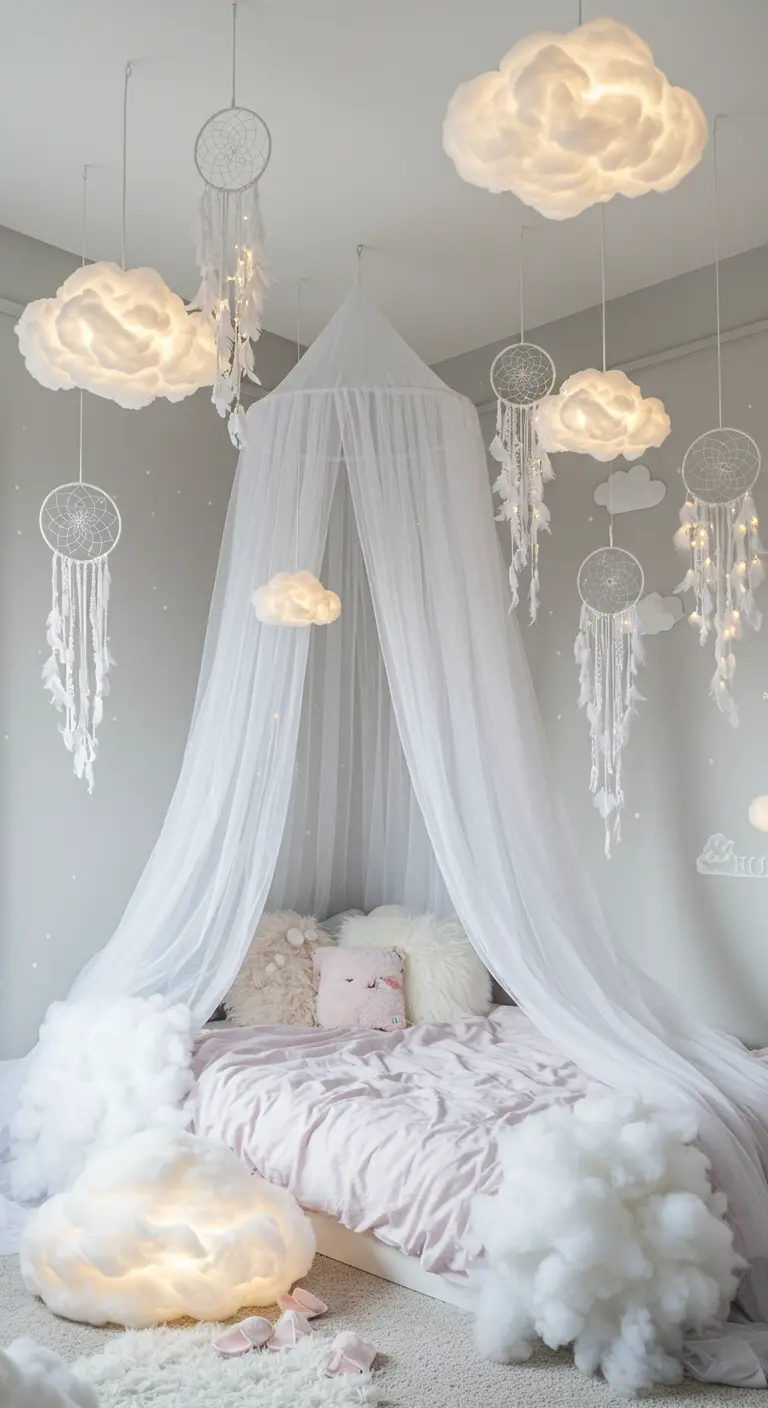 Sprookjesachtige slaapkamer met witte luifel, wolk-lampen en witte dromenvangers.