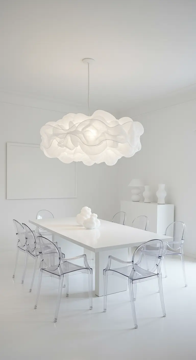 Grote, wolkachtige hanglamp in een volledig witte, minimalistische eetkamer met transparante stoelen.