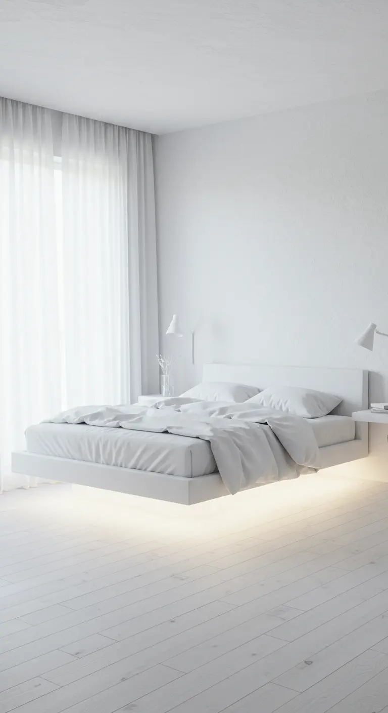 Minimalistische witte slaapkamer met een wit zwevend bed en zachte, warme onderbedverlichting.