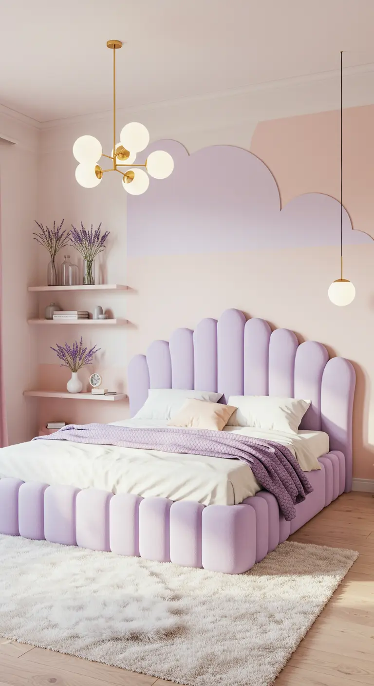 Slaapkamer met wolkenmuurschildering, pastelpaars bed, open planken en gedroogde lavendel.
