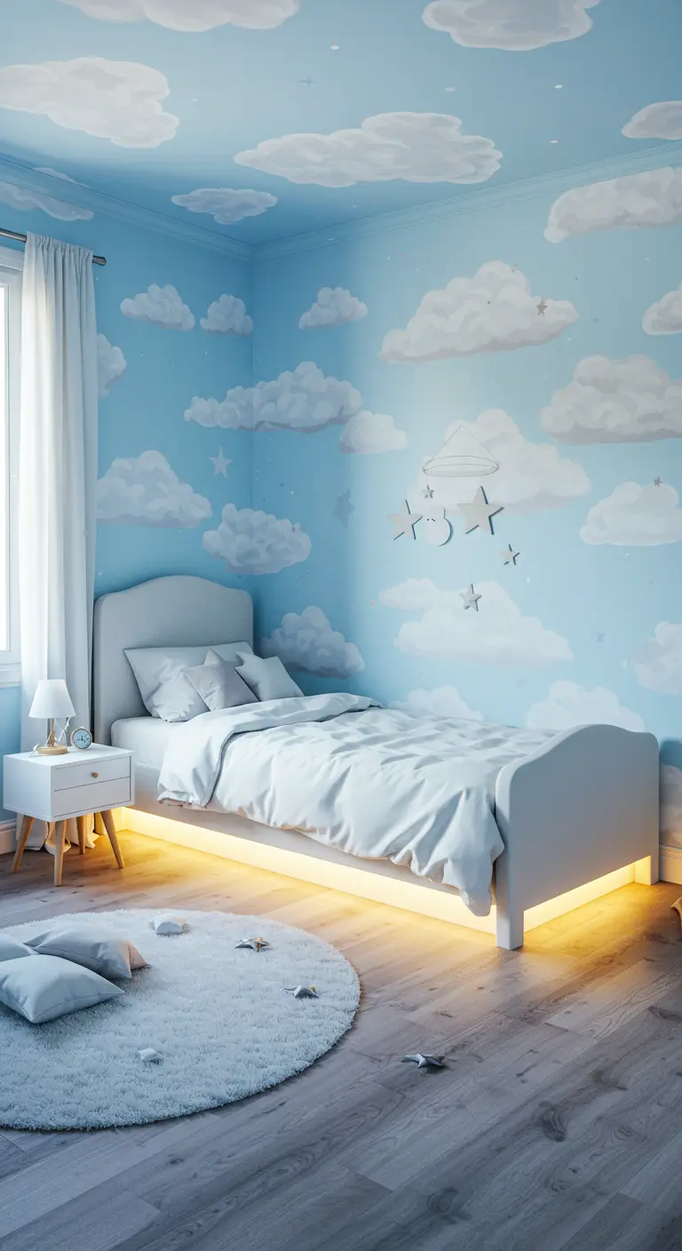 Kinderkamer met wolkenbehang aan het plafond en een bed met warme, gele onderbedverlichting.