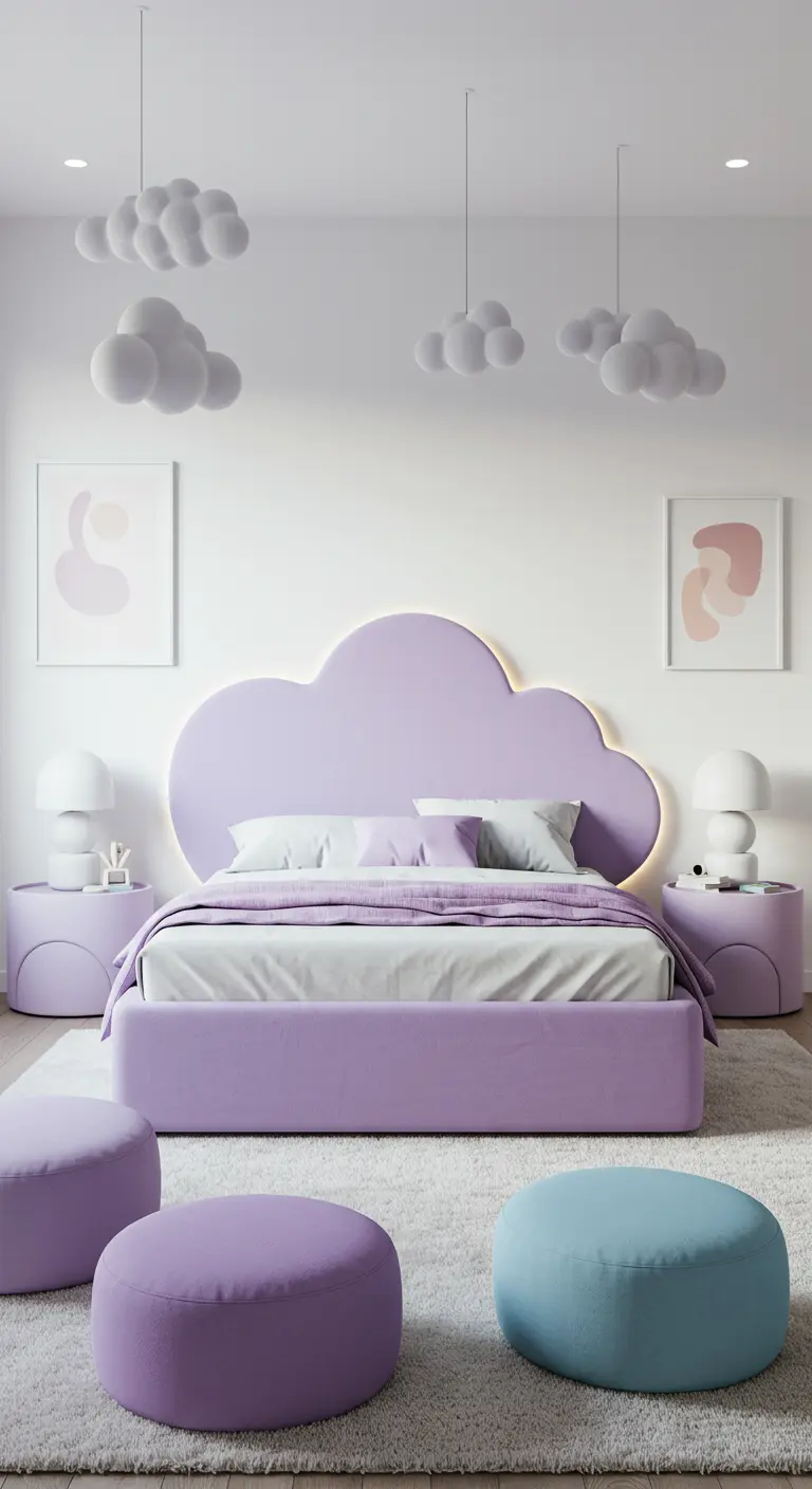 Pastelpaarse slaapkamer met wolk hoofdbord, hangende wolkenlampen en zachte pastelkleurige poefs.