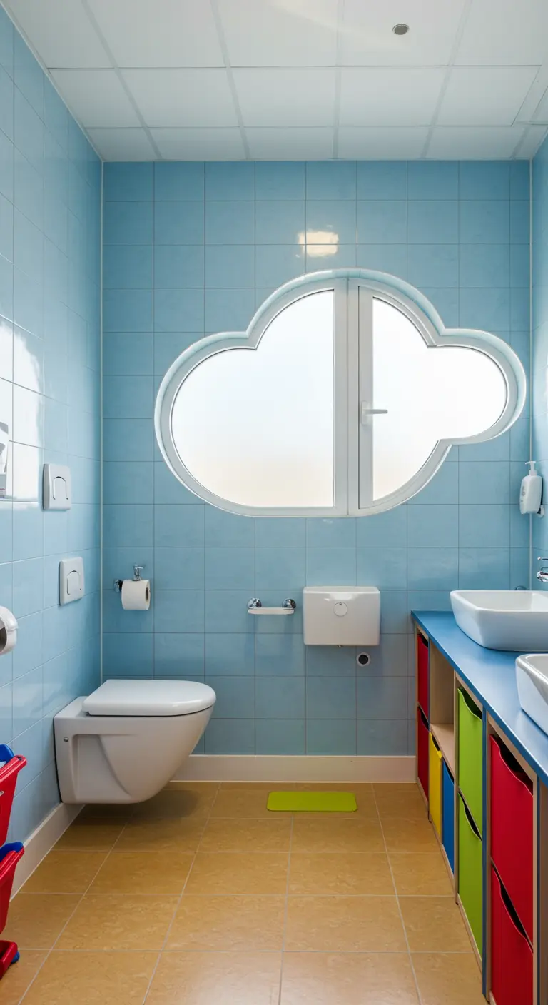 Kinderbadkamer met een raam in de vorm van een wolk en kleurrijke accenten.