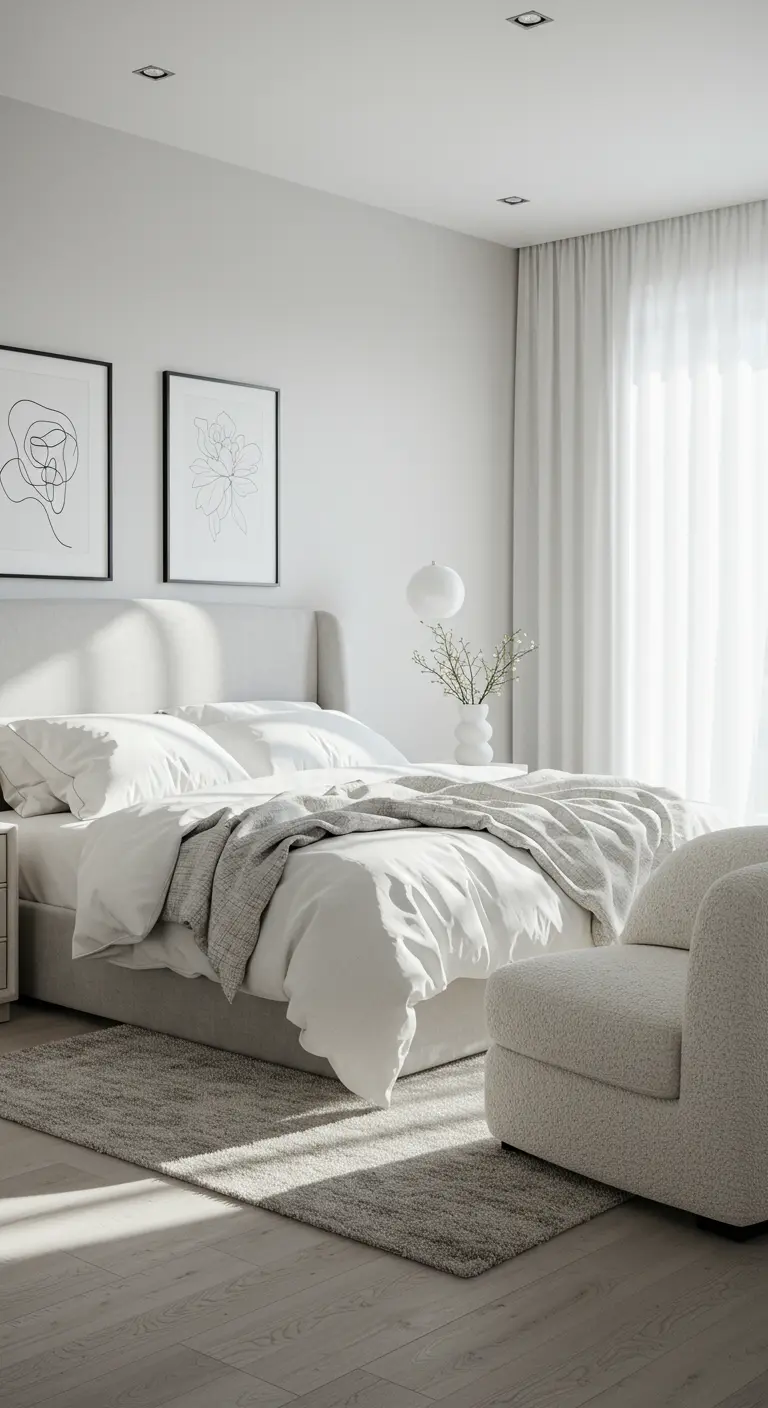 Lichte, zachte slaapkamer met veel wit, textuur en een bouclé fauteuil.