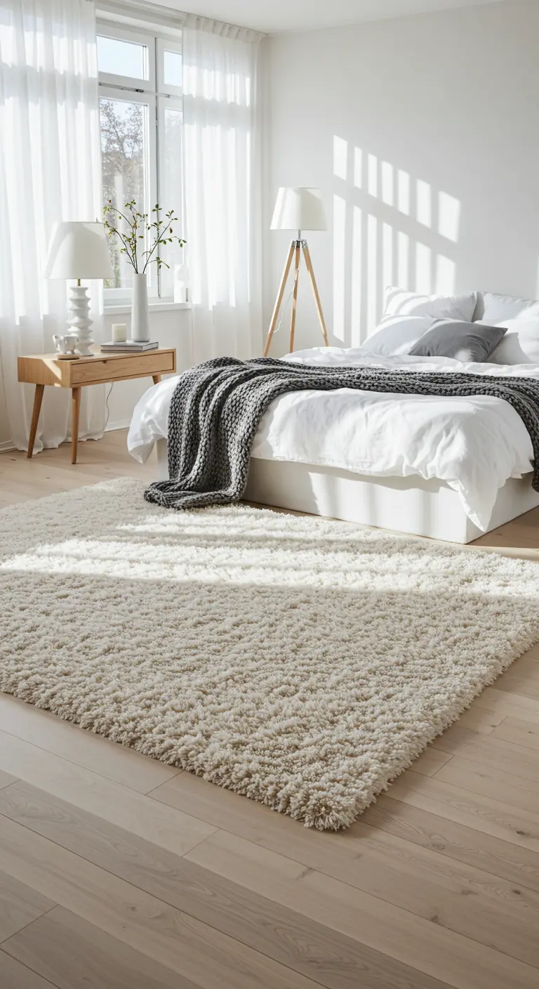Lichte slaapkamer met een groot, crèmekleurig hoogpolig vloerkleed.