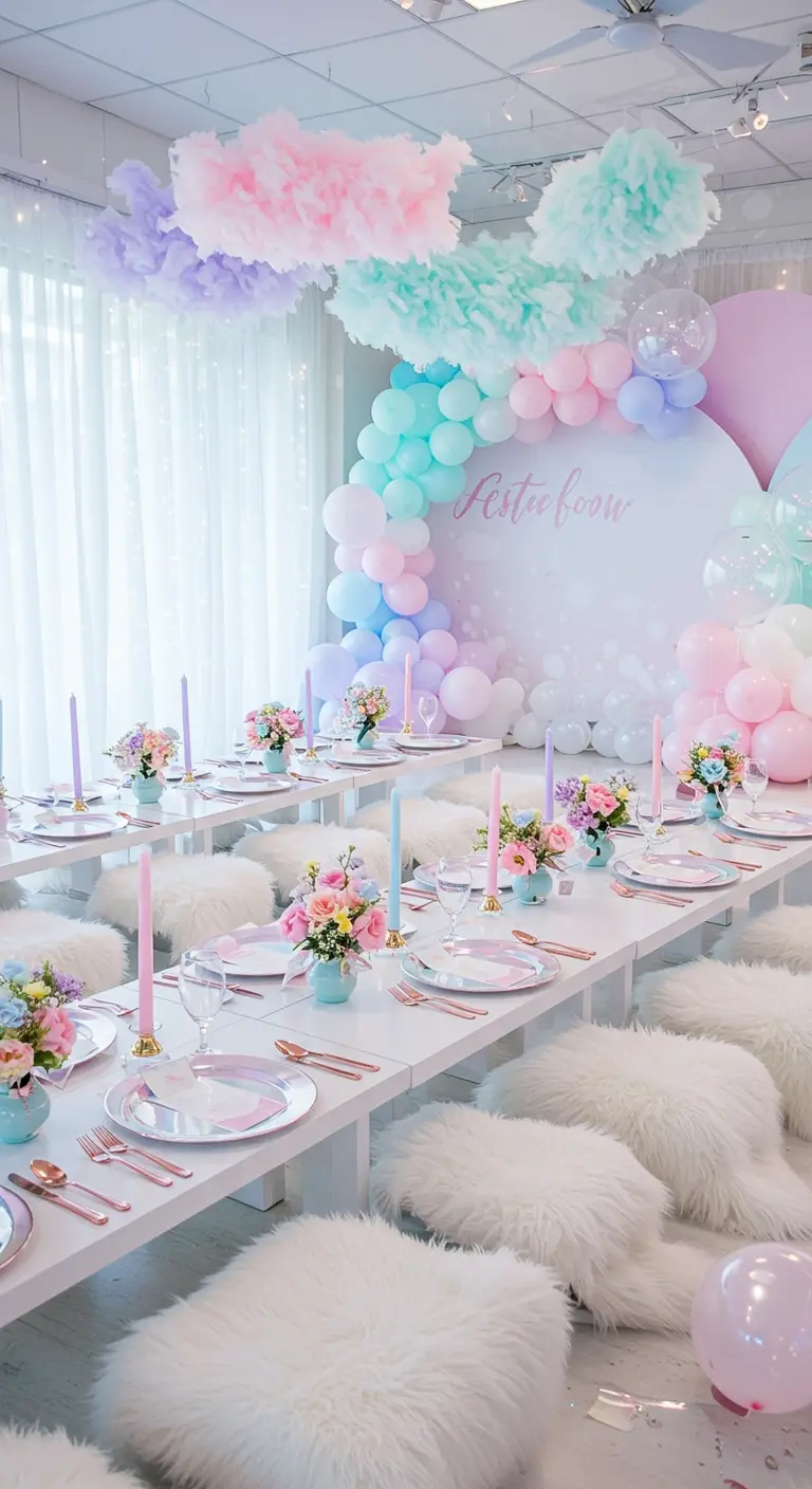 Kinderverjaardag met pastelkleurige ballonnen, fluffy kussens en bloemen.