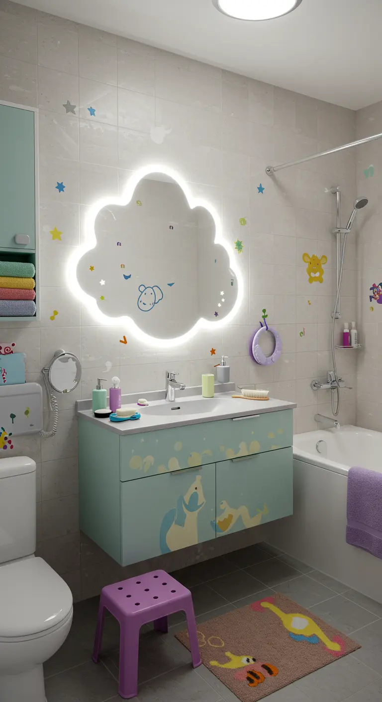 Kinderbadkamer met een spiegel in de vorm van een wolk met LED-verlichting.