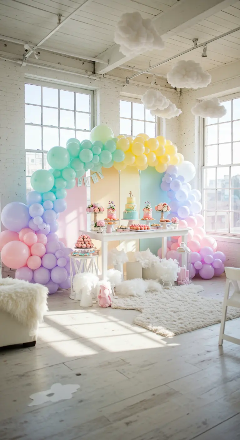 Babyshower desserttafel met pastel regenboog ballonnenboog en hangende wolken.