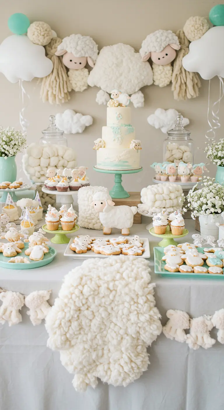 Babyshower met schaapjes thema, fluffy texturen en mintgroene accenten.