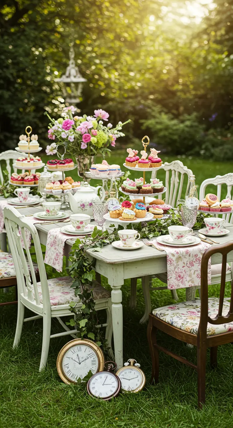 Speelse 'Mad Hatter' theetafel in de tuin met mismatched servies, etagères en klokken.