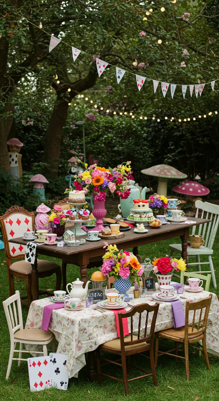 Alice in Wonderland theekransje met mismatched meubels, kleurrijke bloemen en slingers.