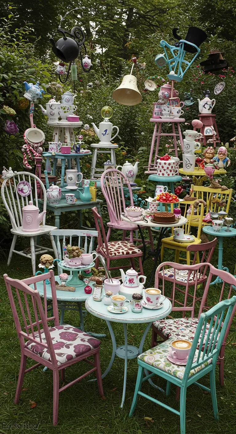 Alice in Wonderland theekransje met bonte stoelen en speelse decoraties.
