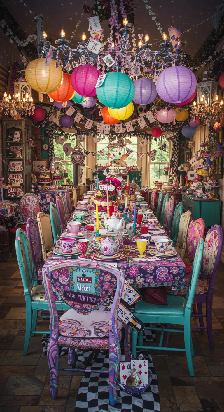 Extravagant gedekte tafel in 'Alice in Wonderland' thema met kleurrijke lampionnen en decoraties.