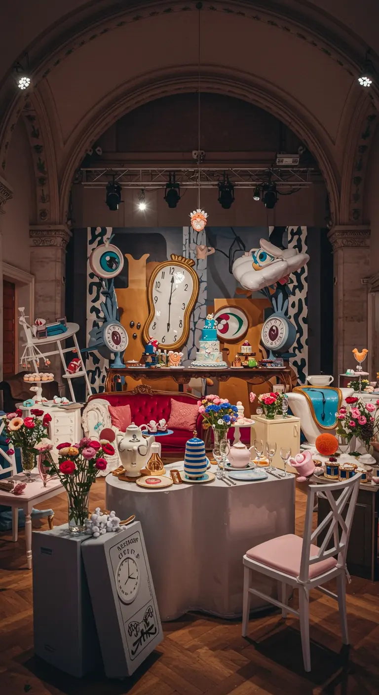Alice in Wonderland themafeest met surrealistische decoratie, klokken en theepotten.