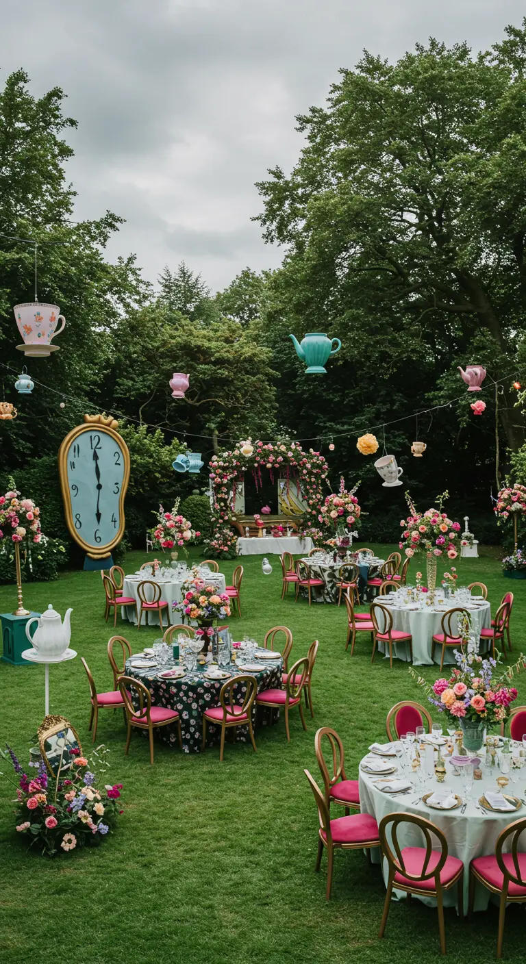 Alice in Wonderland themabruiloft in tuin met hangende theekopjes en grote klok.