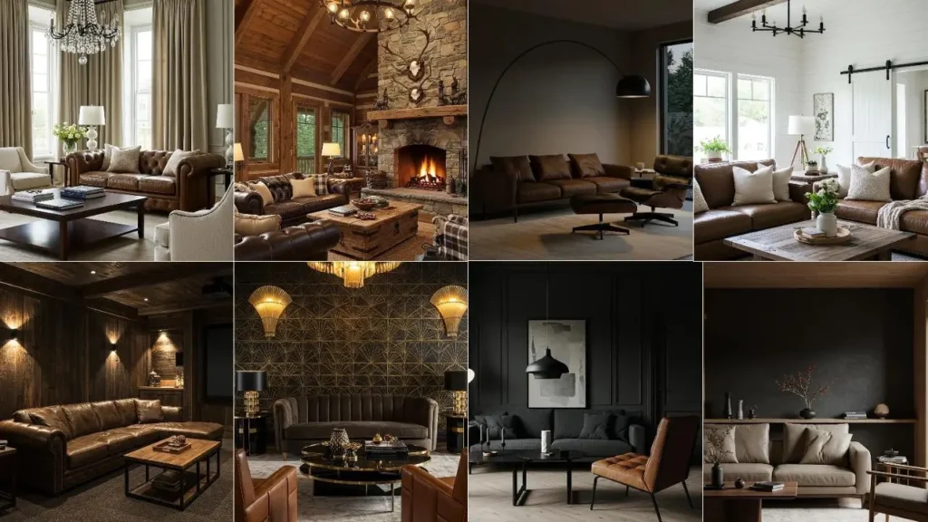 Een stijlvolle woonkamer met een donkerbruine leren bank en een interieur dat de sfeer van espresso en leer uitstraalt.