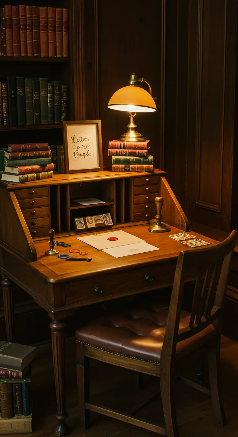 Antiek bureau met stapels boeken, een lamp en schrijfwaren voor gastenwensen.