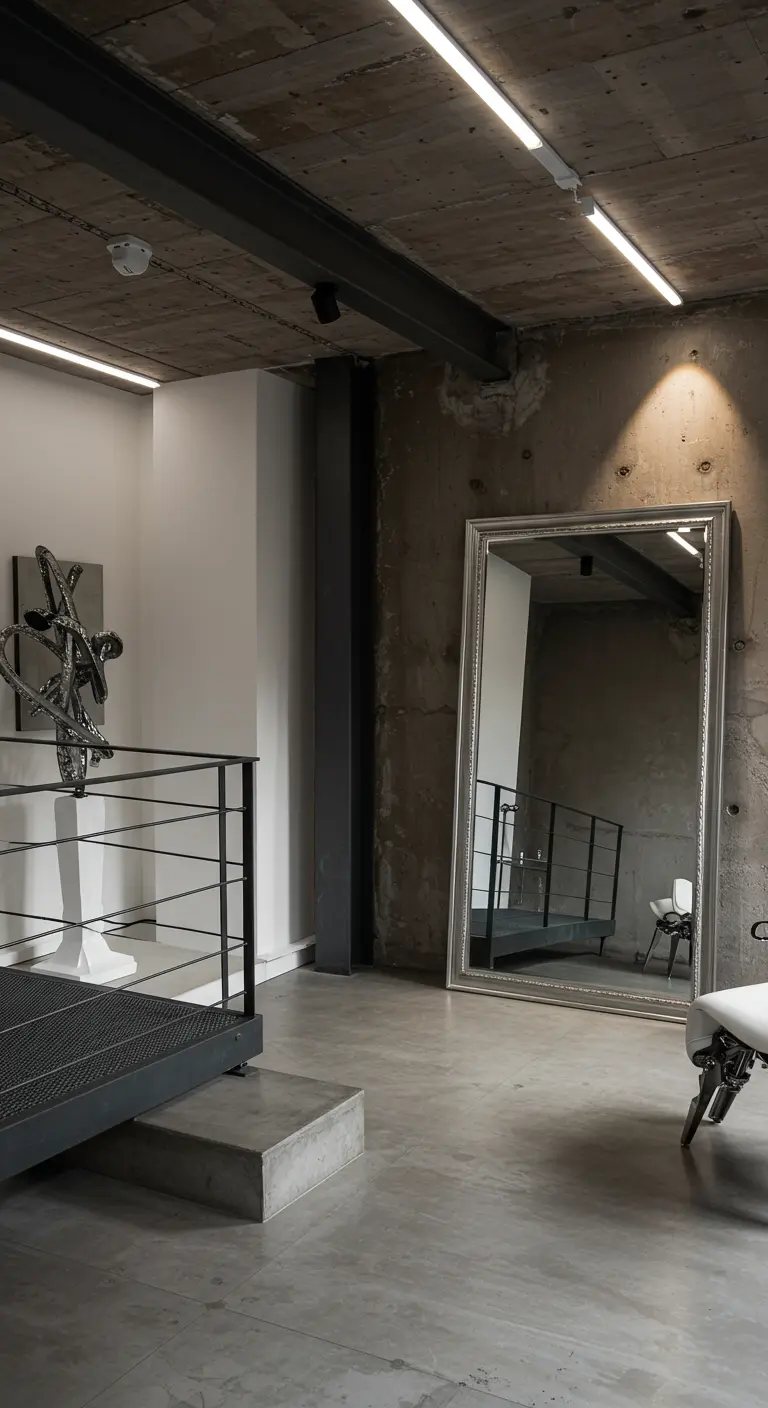 Grote passpiegel met zilveren lijst leunend tegen betonnen muur in industriële ruimte.