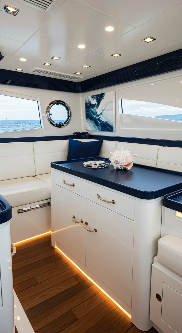 Luxe jachtinterieur met wit leer, donkerblauw, touwgrepen en een porthole.