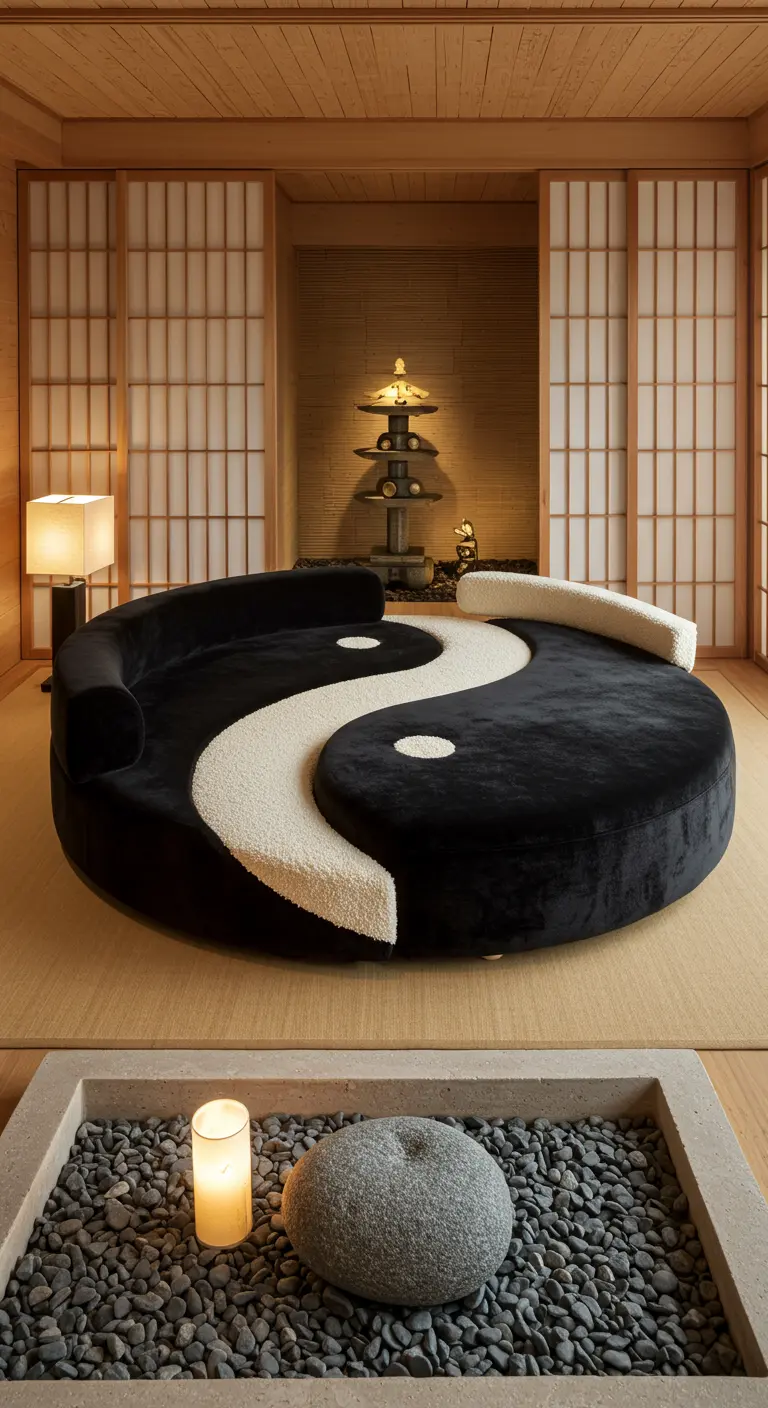 Grote ronde yin-yang bank in zwart fluweel en wit bouclé, in serene Japans geïnspireerde kamer.
