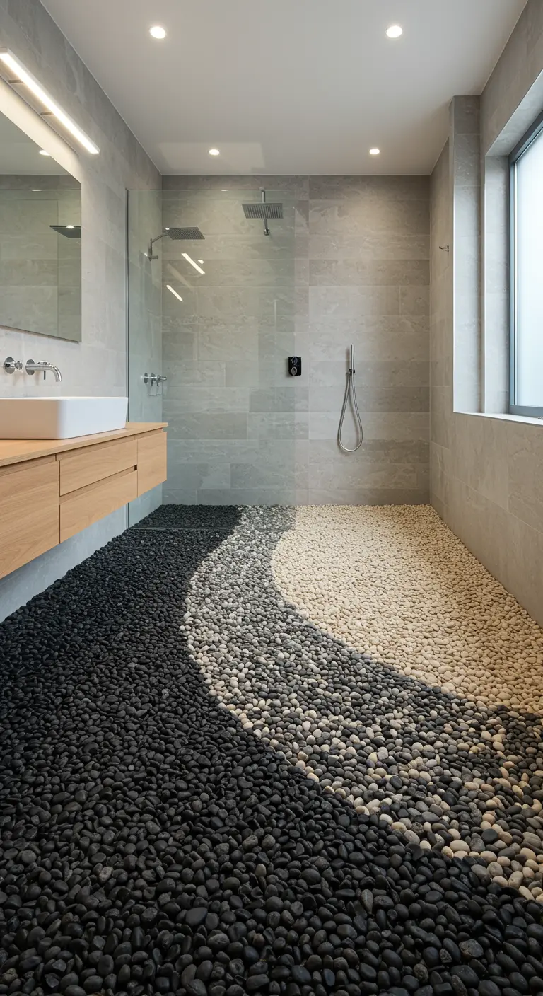 Moderne badkamer met een douchevloer van zwarte en witte kiezels in een Yin Yang patroon.