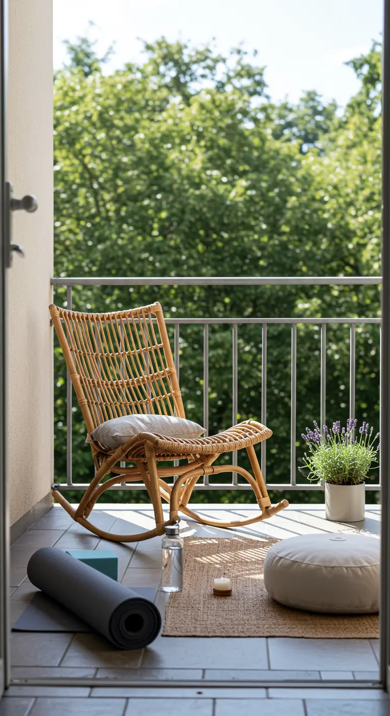 Rotan schommelstoel op balkon met yogamat, meditatiekussen, plant en kaars.