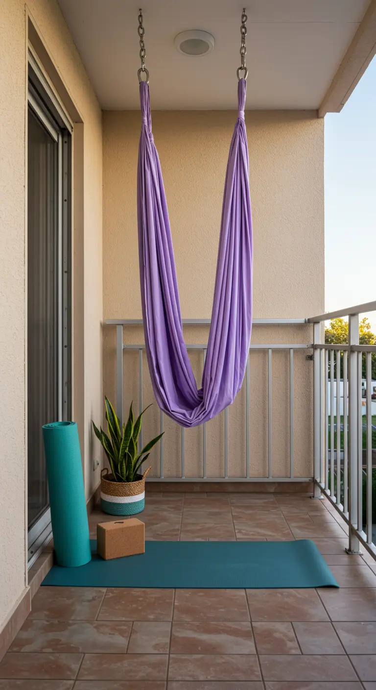 Balkon met een paarse yoga hangmat, yogamat en een plant.