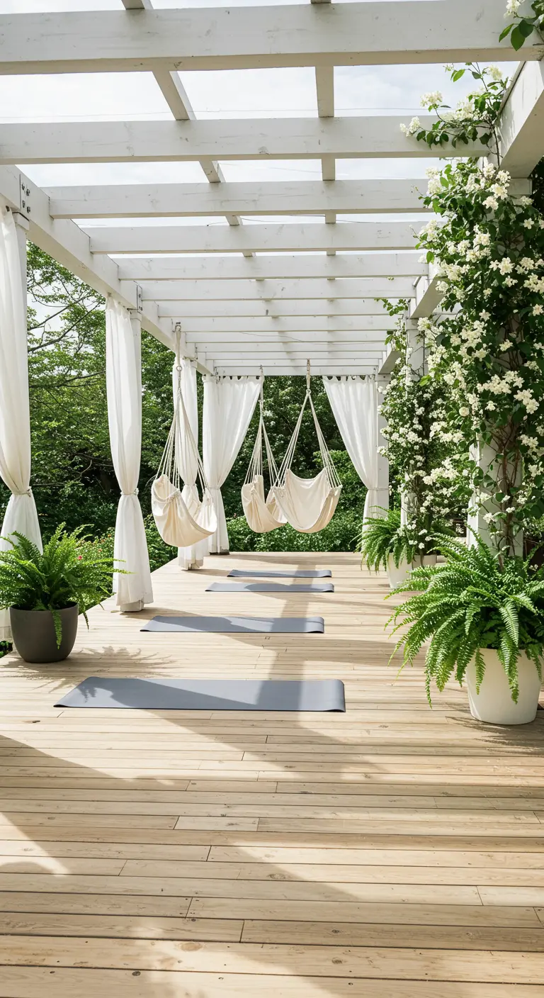 Meerdere witte hangmatstoelen onder pergola op houten veranda met witte doeken.