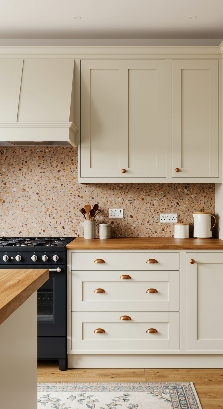 Crèmekleurige/beige keuken met houten werkblad en terrazzo achterwand.