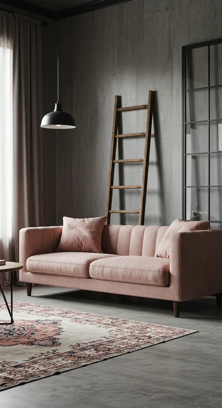 Industriële ruimte met een oudroze bank, een decoratieve houten ladder en betonnen muren.