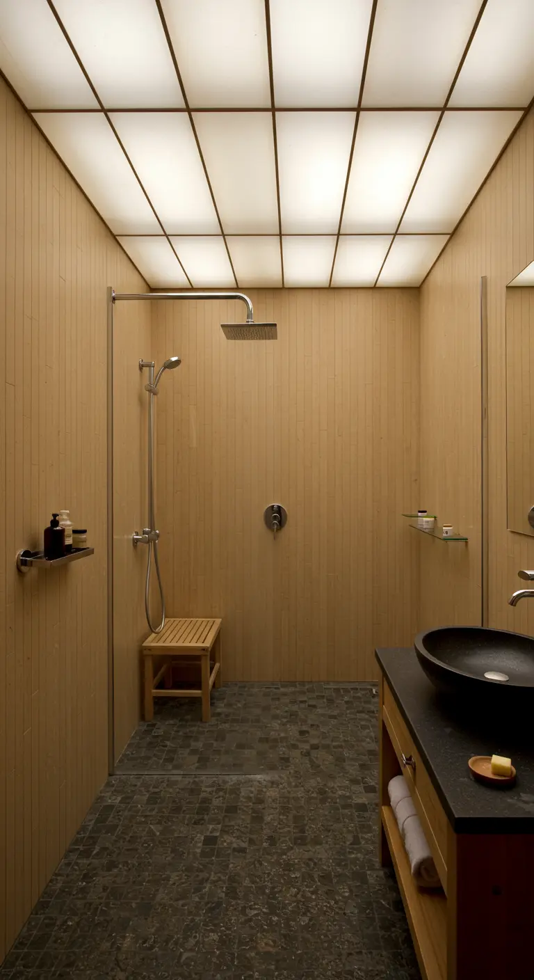 Badkamer met houten wanden en een plafond van lichtdoorlatende panelen.