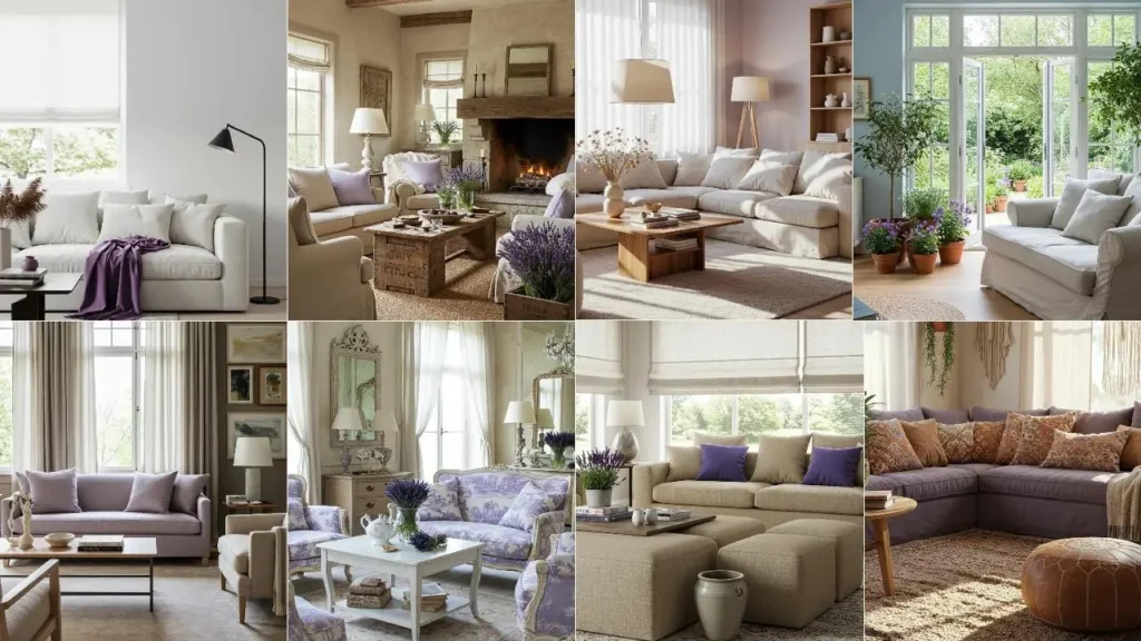 Diverse woonkamers met zachte lavendel- en linnen accenten voor een zomerse sfeer.