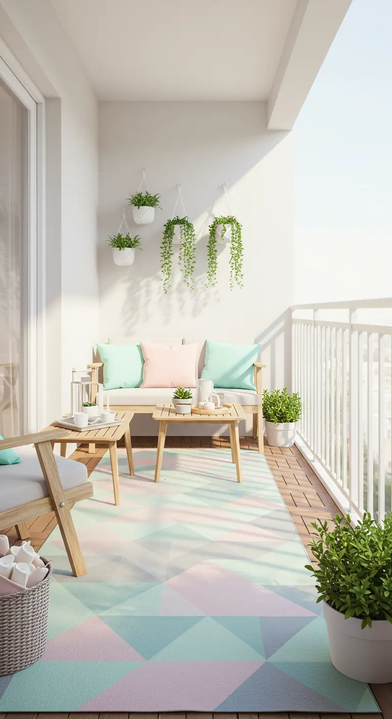 Balkon met pastel geometrisch buitenkleed en lichte houten meubels.