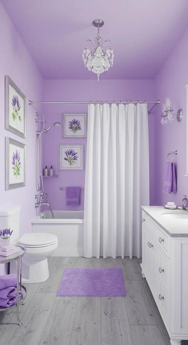 Badkamer met zacht lavendelkleurige muren, wit sanitair en botanische prints.