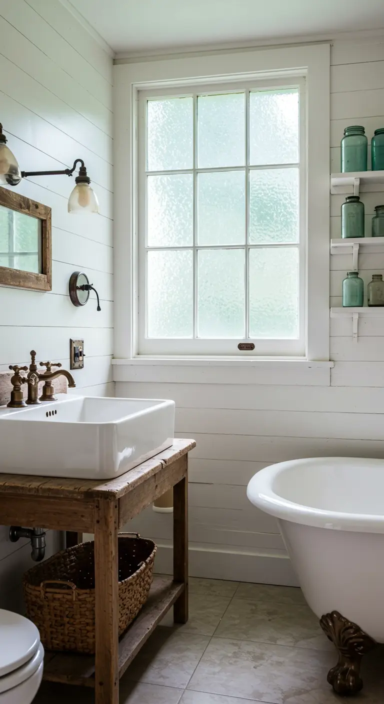 Landelijke witte badkamer met matglas raam, houten wastafelmeubel en vrijstaand bad.