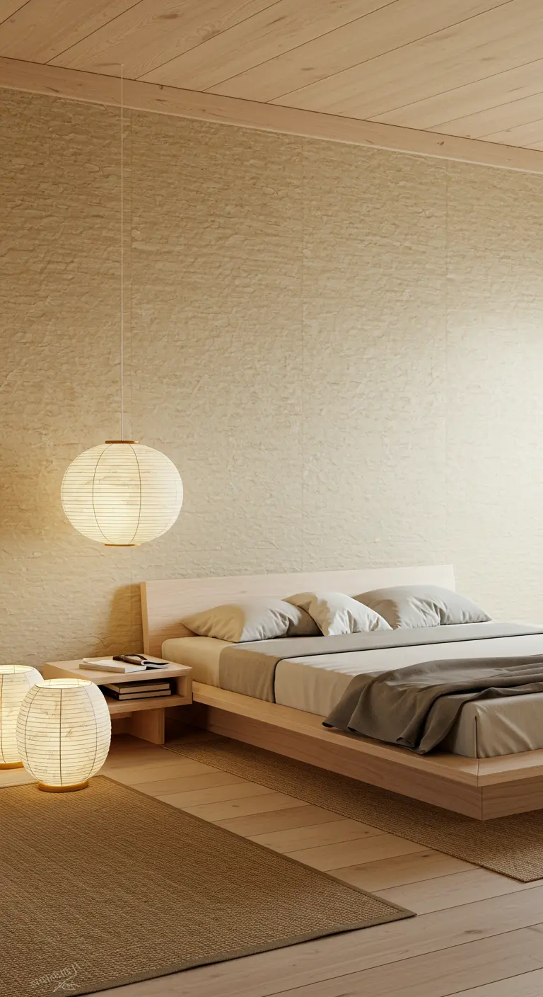 Japanse stijl slaapkamer met papieren lantaarns en licht houten bed.