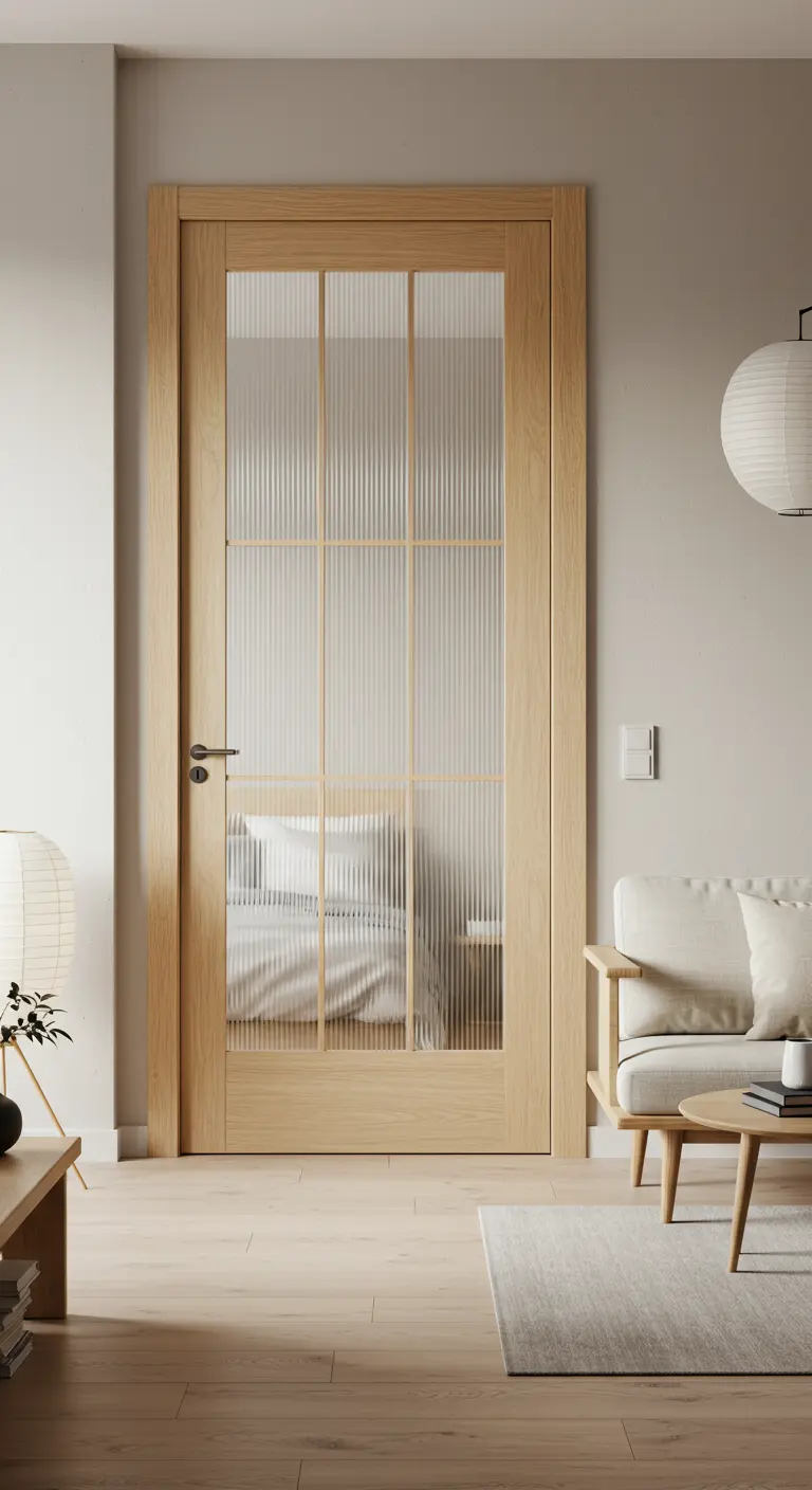 Licht houten deur met verticale panelen van geribbeld glas naar een slaapkamer.