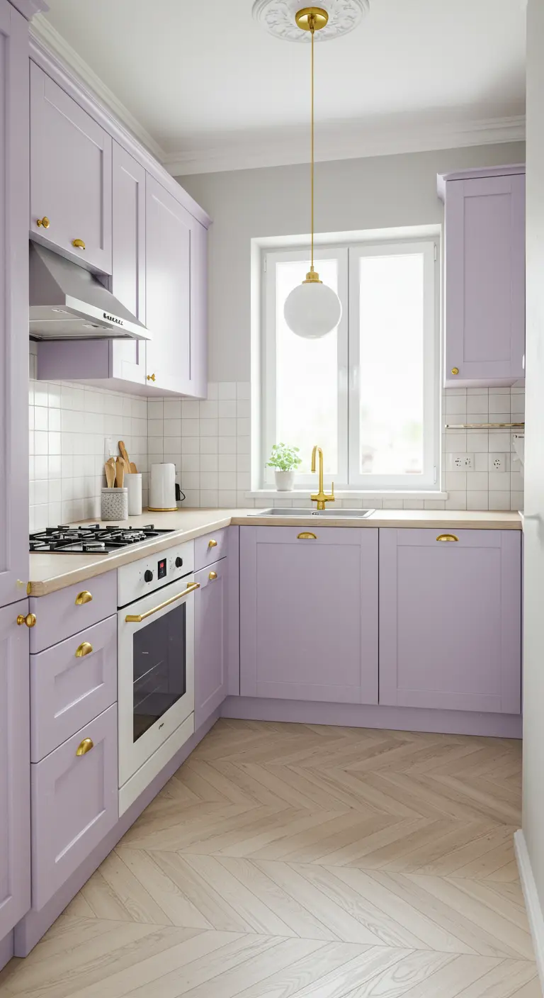 Moderne keuken met lila kasten, gouden accenten, witte tegels en lichte houten vloer.