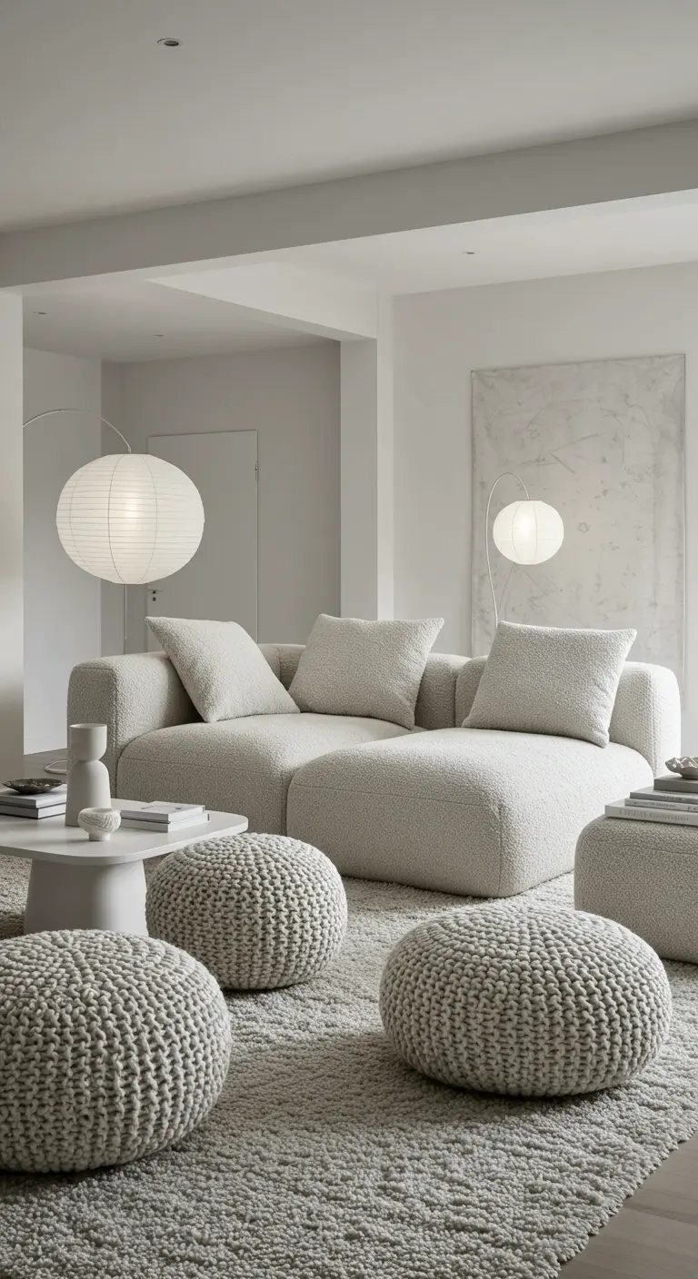 Witte minimalistische woonkamer met bouclé bank en gebreide poefs.