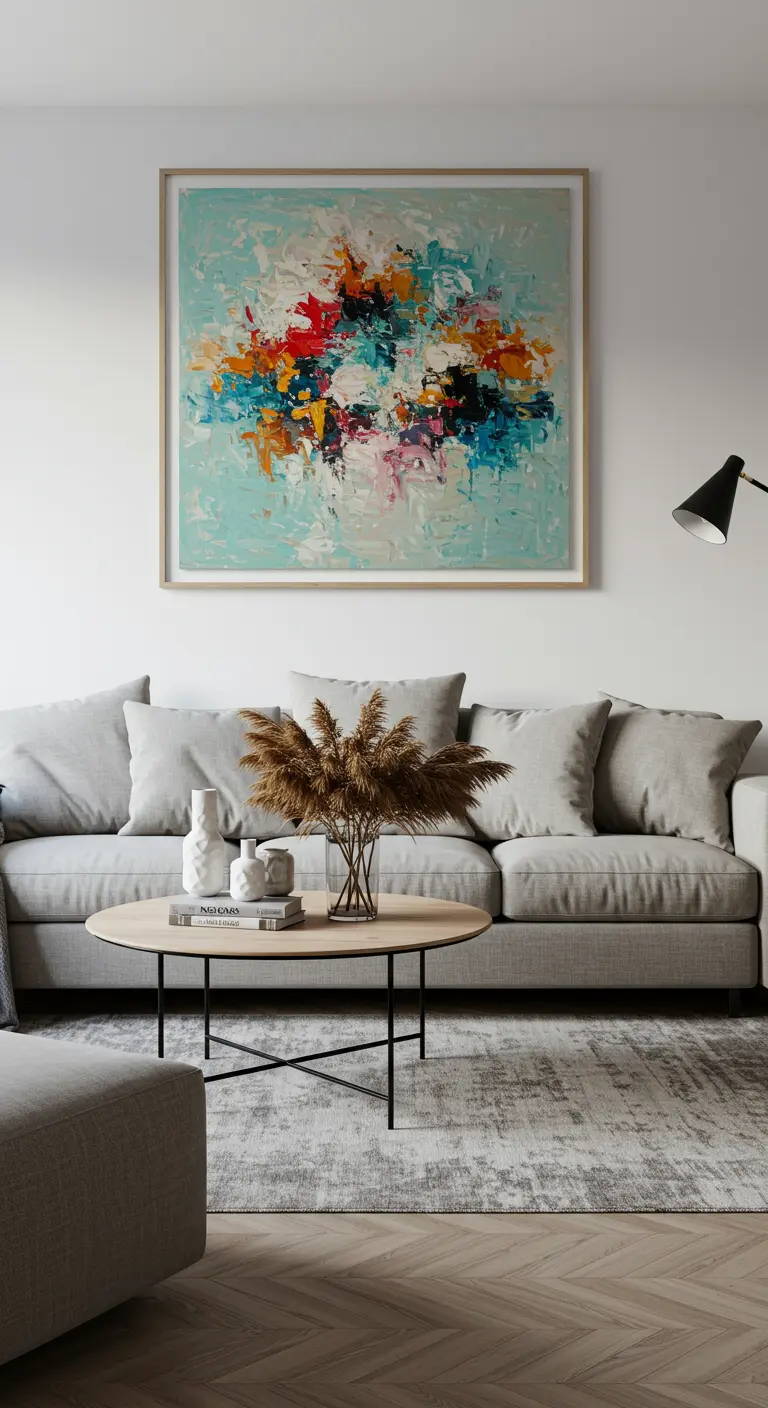 Minimalistische woonkamer met grijze bank, groot abstract schilderij en pampasgras in een vaas.